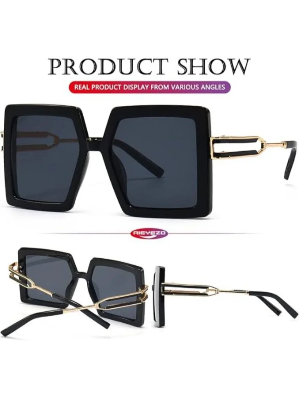 Women's Square Fashion Big Large Frame Sun Glasses UV400 Protection Black Grey